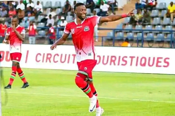 Masud Juma celebrates after scoring for Harambee Stars 