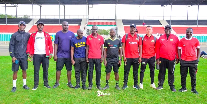 Kenya U17 Head Coach Salim Babu posing for a photo with Nyanza based coaches after conducting trials for the Kenya U17 Nyanza region 