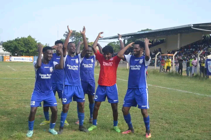 Bandari Fc players celebrate after taking the lead against Kcb